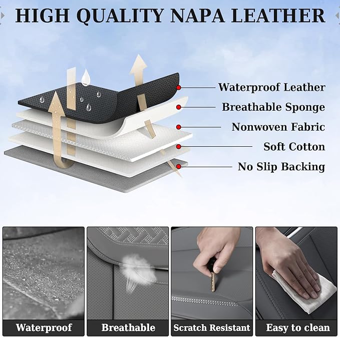 Coverado Car Seat Covers Full Set, Luxury Leather Car Seat Cover, Front and Back Seat Covers for Cars, Waterproof Car Seat Protector, Automotive Seat Covers Universal Fit Most Cars(Gray)