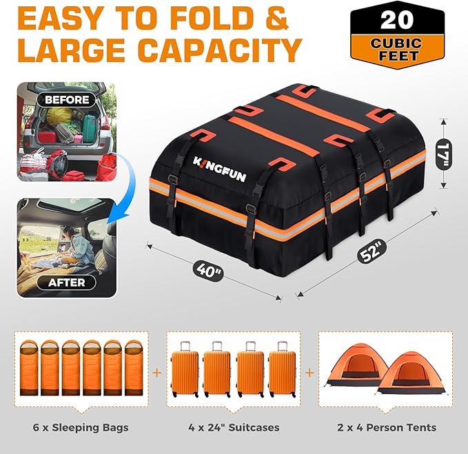 Kingfun Car Rooftop Cargo Carrier – Waterproof 20 Cubic Feet Car Roof Bag Fit All Vehicles with/Without Roof Racks, Includes Anti-Slip Mat, 8 Reinforced Straps & 6 Door Hooks, Luggage Locks