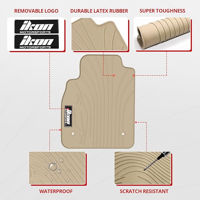 IKON MOTORSPORTS, Custom Fit Floor Mats Compatible with 2008-2015 Chevrolet Cruze, 16 Cruze Limited, Latex Rubber Heavy Duty All Weather Season Car Auto Front Rear Carpets Liner 5PCS Beige
