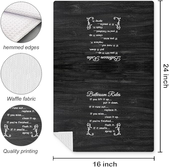 Funny Bathroom Rules Decorative Hand Towels Set of 2, Rustic Farmhouse Hand Towels for Bathroom Decor, 16x24 Inch(Coal Black Style)