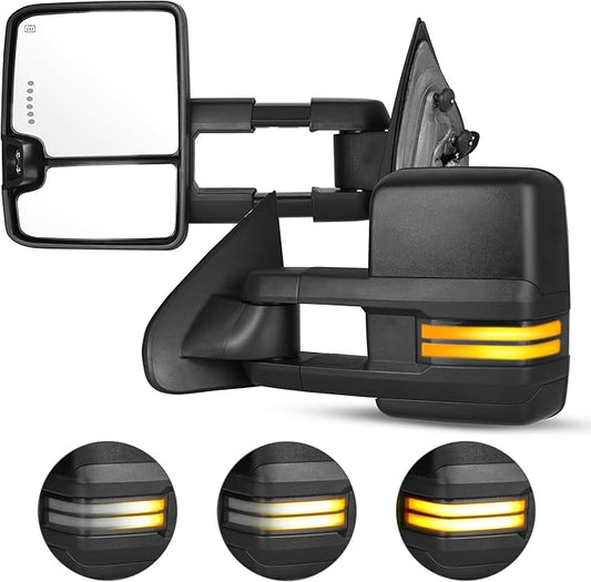 AUTOSAVER88 Towing Mirrors Compatible with 2014-2018 Chevy Silverado GMC Sierra 1500 2500HD 3500HD, LED Tube Turn Signal Light Telescoping Power Heated Tow Mirrors Pair Set