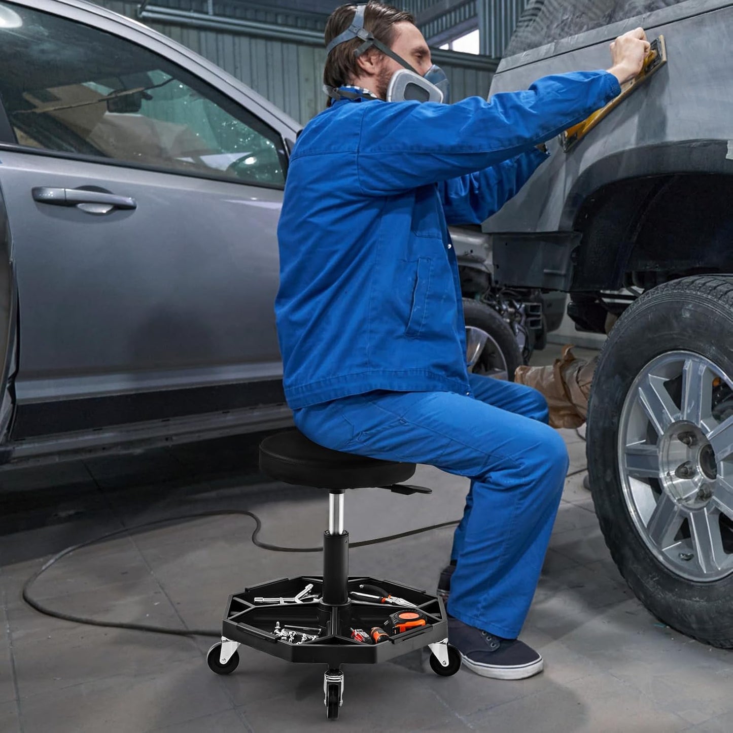 IRONMAX Rolling Mechanic Stool, Adjustable Shop Stool Creeper Seat with Removable Tool Tray, Padded Plush Cushion, Universal Wheels, Heavy Duty Metal Frame, 330 LBS Max Load (Black)