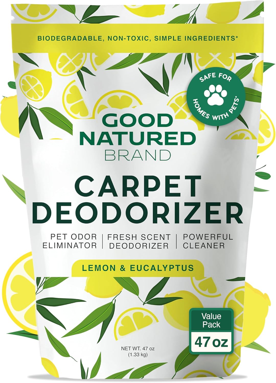 Good Natured Brand | Carpet Deodorizer & Freshener Powder | 47 oz Pet Odor Eliminator for Strong Odor & Pet Urine | Fresh Natural Lemon & Eucalyptus Scent | Safe for Homes with Pets