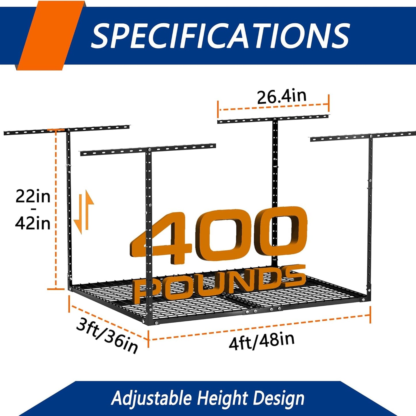 3 x 4FT Overhead Garage Storage Rack, Adjustable Ceiling Storage Racks, Garage Shelving Heavy Duty Storage Organizer System, 400lbs Weight Capacity (Black)