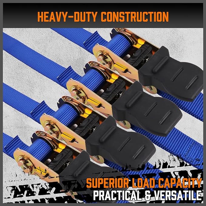 HORUSDY Ratchet Straps, 2,200 LB Break Strength, 4-Pack 15FT Ratchet Tie Down Straps Set for Motorcycle Straps Tie Downs, Appliances, Lawn Equipment, Cargo Straps for Trucks. (Blue)