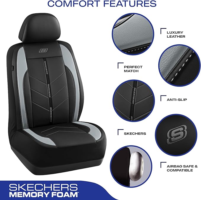 Skechers Car Seat Covers,Luxury Faux Leather Seat Covers,Waterproof Anti Slip Car Seat Protector Front Seats,Car Accessories Airbag Universal Fit for Most Cars,Vans,Trucks,SUV,Grey