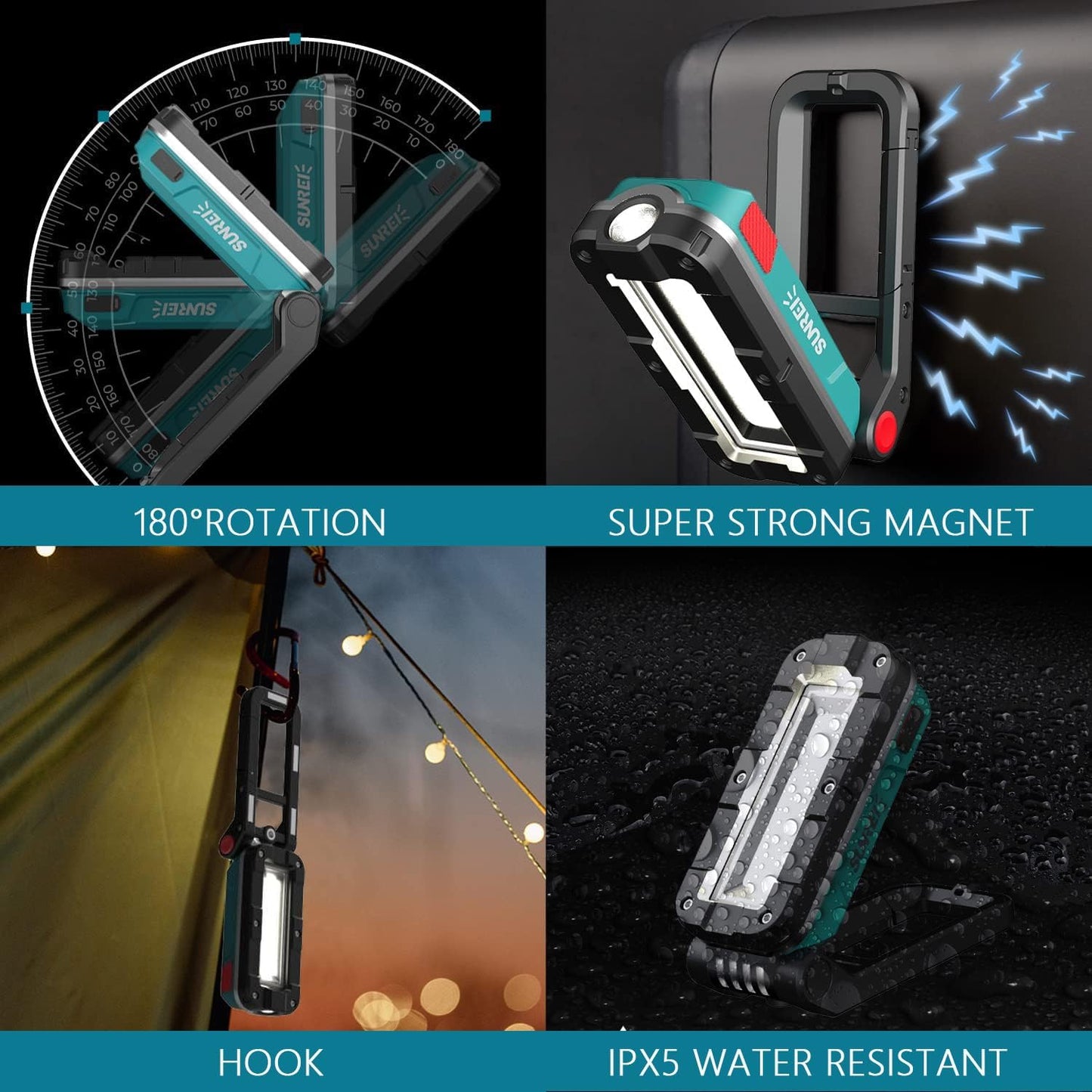 SUNREI LED Rechargeable Magnetic Work Lights COB Mechanic Lights,1100 Lumens, Magnetic Base & Hanging, 7Mode, Magnetic Flashlight Job Site & Security for Car Repair, Emergency, Gift for Men