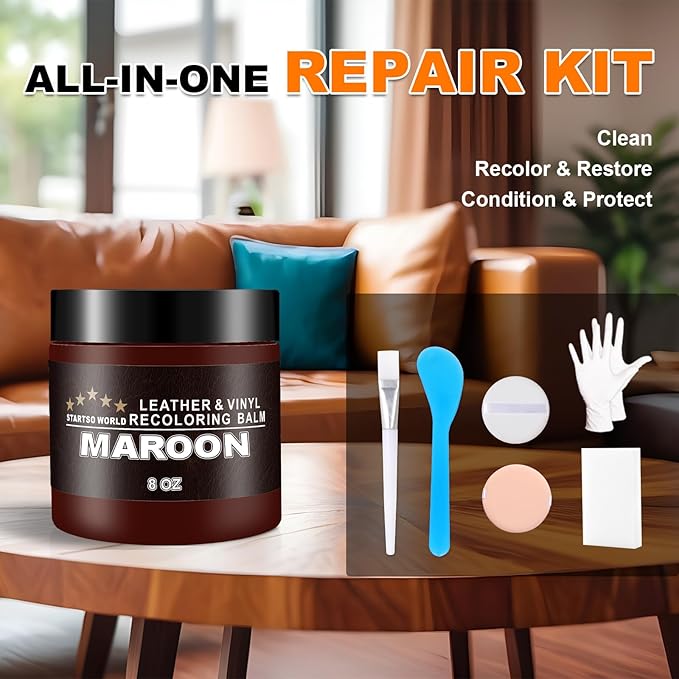 STARTSO WORLD Leather Recoloring Balm, Maroon Leather Repair Kit for Furniture, Leather Dye, Leather Color Restorer for Couches, Leather Couch Paint | Repair, Restore & Renew Old, Faded Leather
