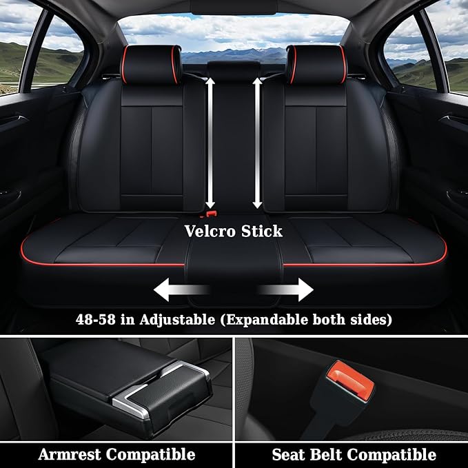 Coverado Car Seat Covers Full Set, Premium Nappa Leather Seat Covers for Car, Waterproof Car Seat Protector with Lumbar Support, Car Seat Cover Universal Fit for Most Cars SUV Truck(Black&Red)