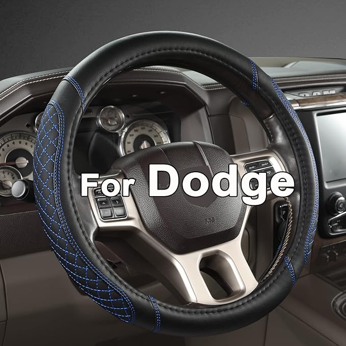 West Llama Customized Auto Car Steering Wheel Cover for Dodge 1989-2011 RAM 1500 2500 3500, Charger, Durango, Challenger (Diamond Quilted-Black+Blue-Standard Size)