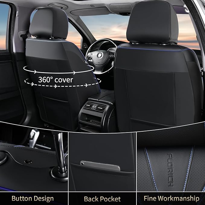 FLORICH Universal Seat Covers for Cars, Front and Back Seat Cover for Car Luxury Faux Leather Waterproof Seat Cover Universal Fit for Most Cars SUV Trucks, Black&Blue Line