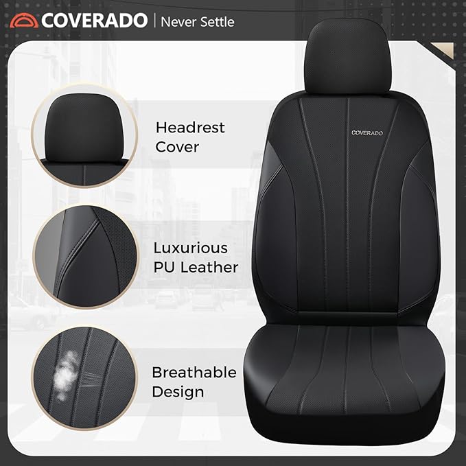 Coverado Car Seat Covers Full Set, Automotive Front and Rear Seat Covers, Leather Car Seat Covers Full Set 5 Seats, Airbag-Compatible, Spill-Proof Design, Black Seat Covers for SUV Sedan Truck