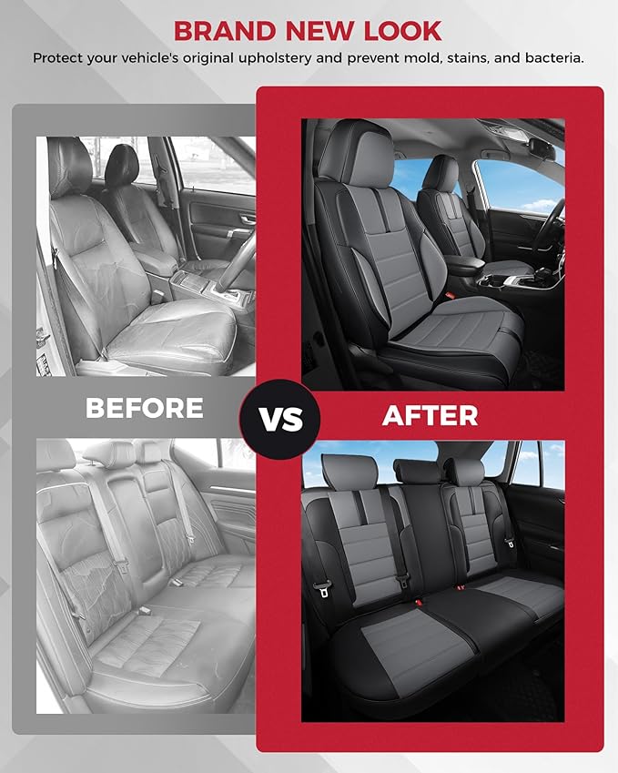 FREESOO Black Gray Car Seat Covers Full Set - Faux Nappa Leather Seat Covers for Cars, with Front Seatbelt Pads, Luxury Waterproof Cushion Protector Accessories Fit for Most 5 Seats Sedans SUV Trucks