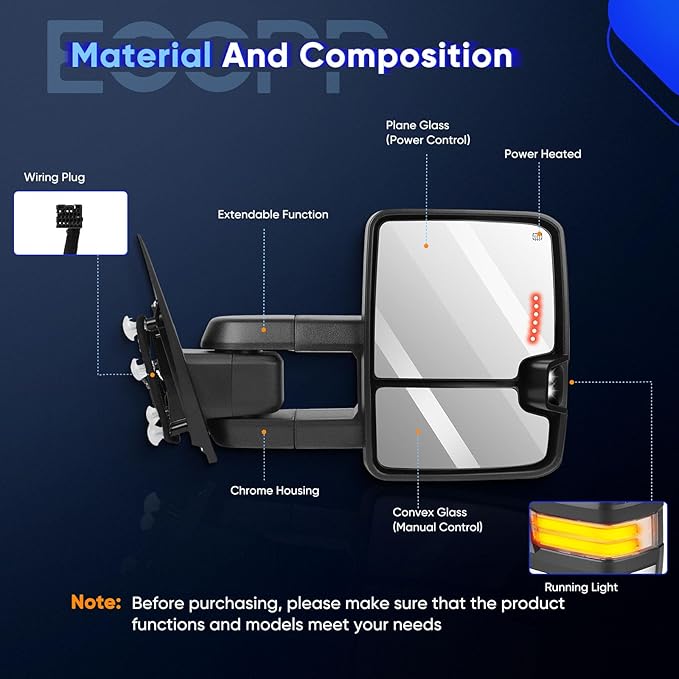 ECCPP Towing Mirrors Tow Mirrors With 2014-2020 For Chevy Silverado For GMC Sierra 1500/2500/3500 HD Power Adjusted Heated Led Turn Signal Running Back Up Light Pickup Truck