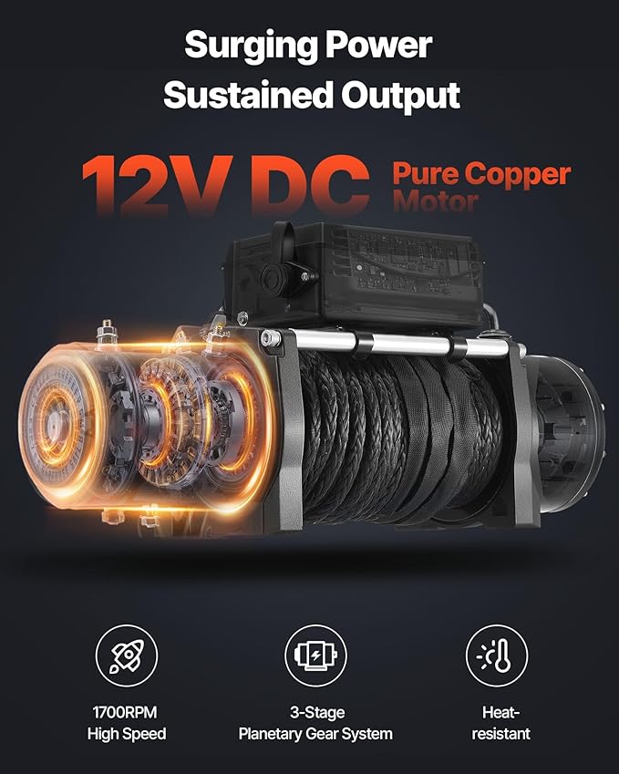 VEVOR Electric Winch, 13500 lbs Load Capacity, 12V DC Truck Winch with Φ3/8 in x 85 ft Synthetic Rope, Wireless & Wired Remote Control, IP55 Waterproof for Towing Off-Road SUV Jeep Trailer Boat