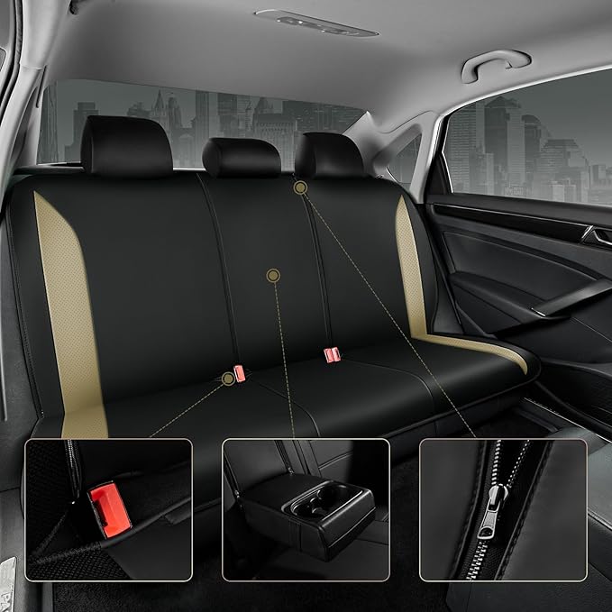 Road Comforts Car Seat Cover, Leather Seat Cover Full Set, Automotive Interior Seat Cover, Universal Fit for Most Cars, SUVs, Trucks, and Vans, Airbag Compatible (Beige)