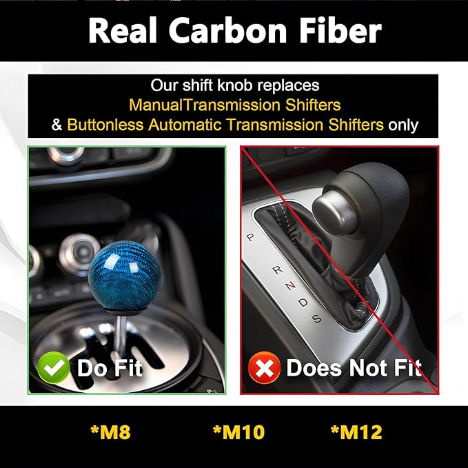 Real Carbon Fiber Shift Knob Gear Shifter Knobs with 3 Adapters Round Ball for Most Manual Car Universal Gear Shift Knob (Blue)