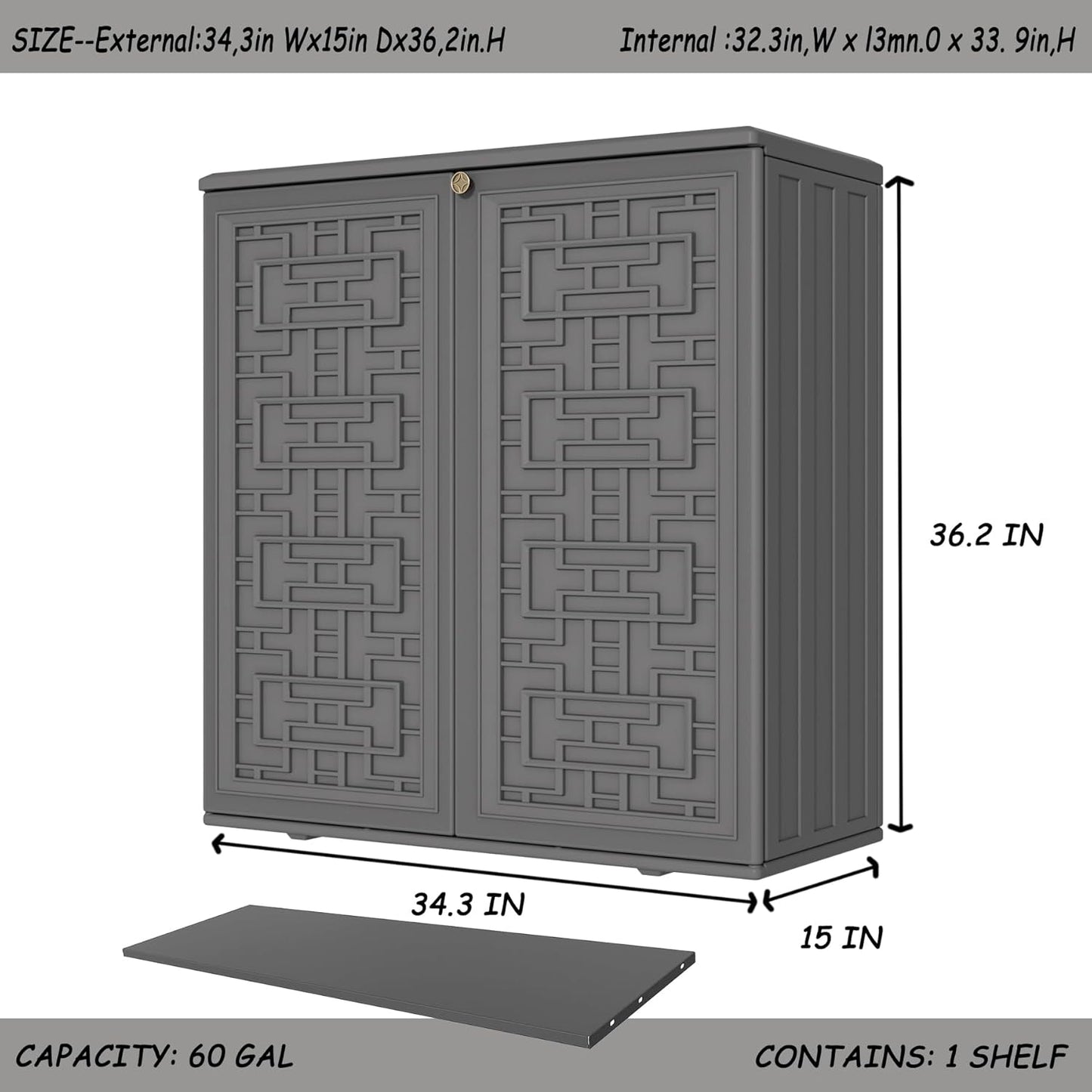 Storage Box Outdoor Caninet,Resin Indoor Storage Box Waterproof Outdoor Storage Cabinets for Patio/Garden/Backyard, Size 34.3''L*15''W*36.2''H(Grey)