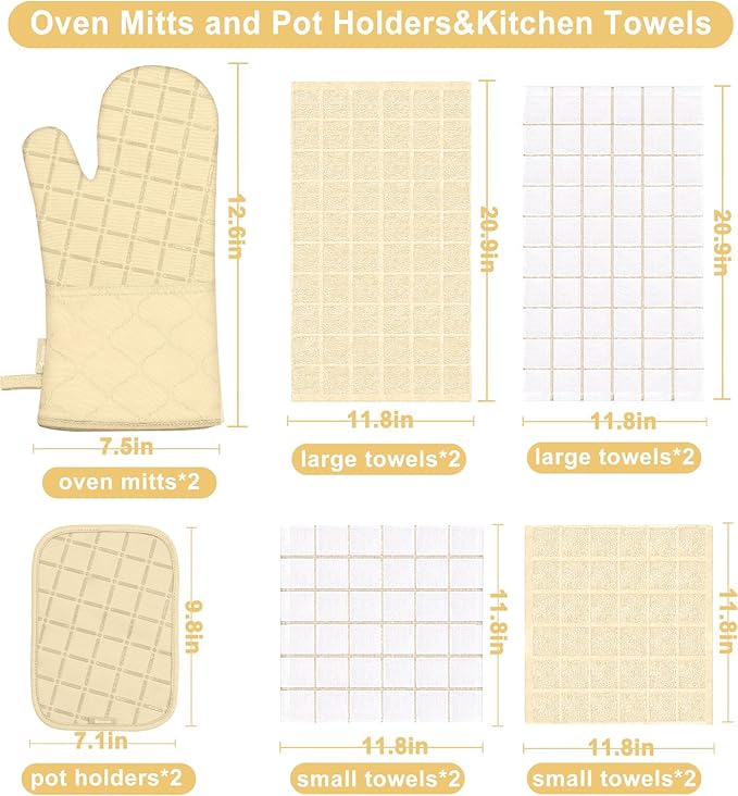 Oven Mitts Pot Holders Sets/Kitchen Towels and Dishcloths, Oven Gloves Kitchen Dish Towels 500 Degree Heat Resistant Potholders with Non-Slip Silicone Surface for Cooking, Grilling, Baking-Beige