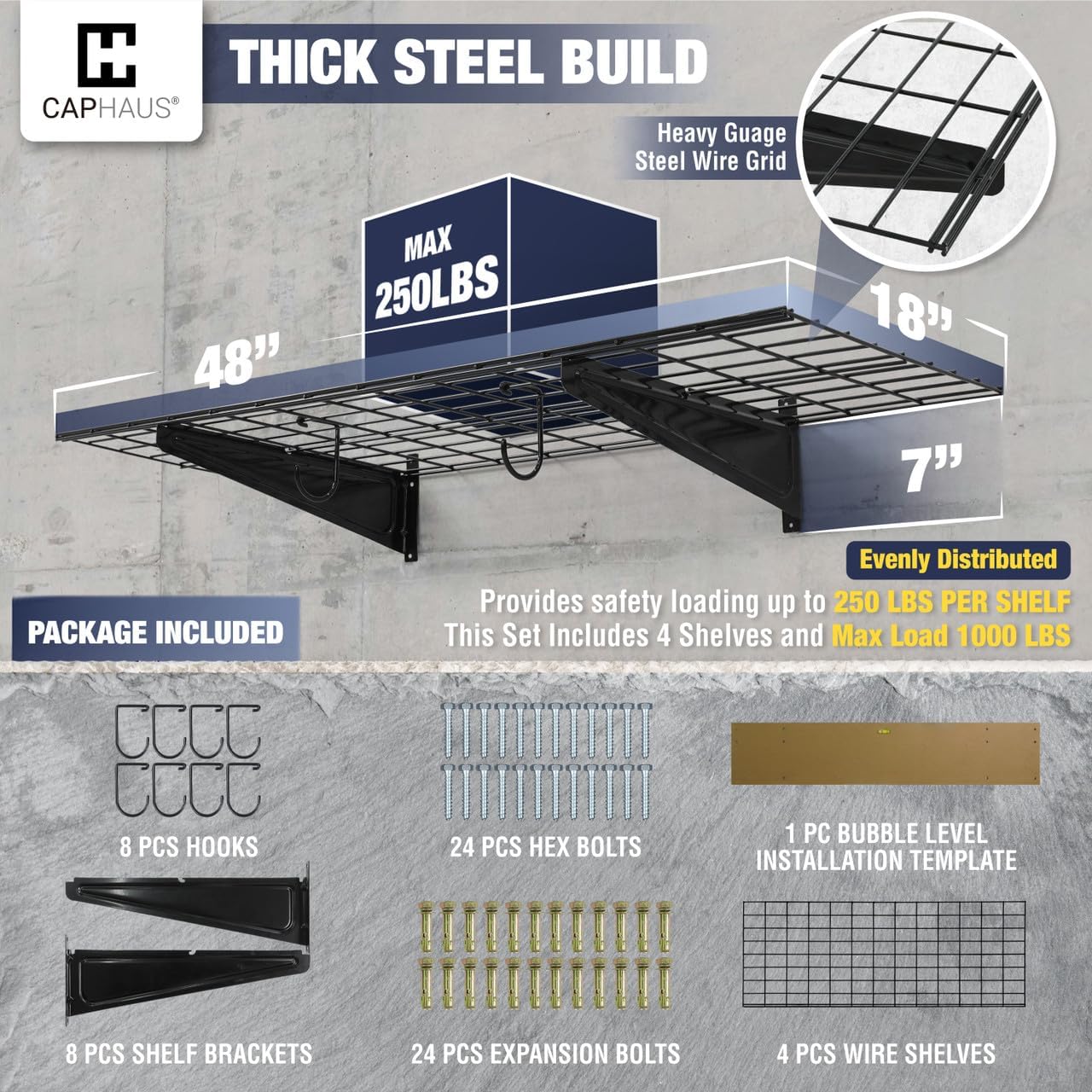 Fencer Wire 96 in. W x 18 in. D Wall Mounted Garage Wall Shelving w/ 4 Hooks, Black Wall Shelf, Heavy Duty Garage Wall Storage System, Garage Organizer Floating Shelves, 1000lb Weight Capacity