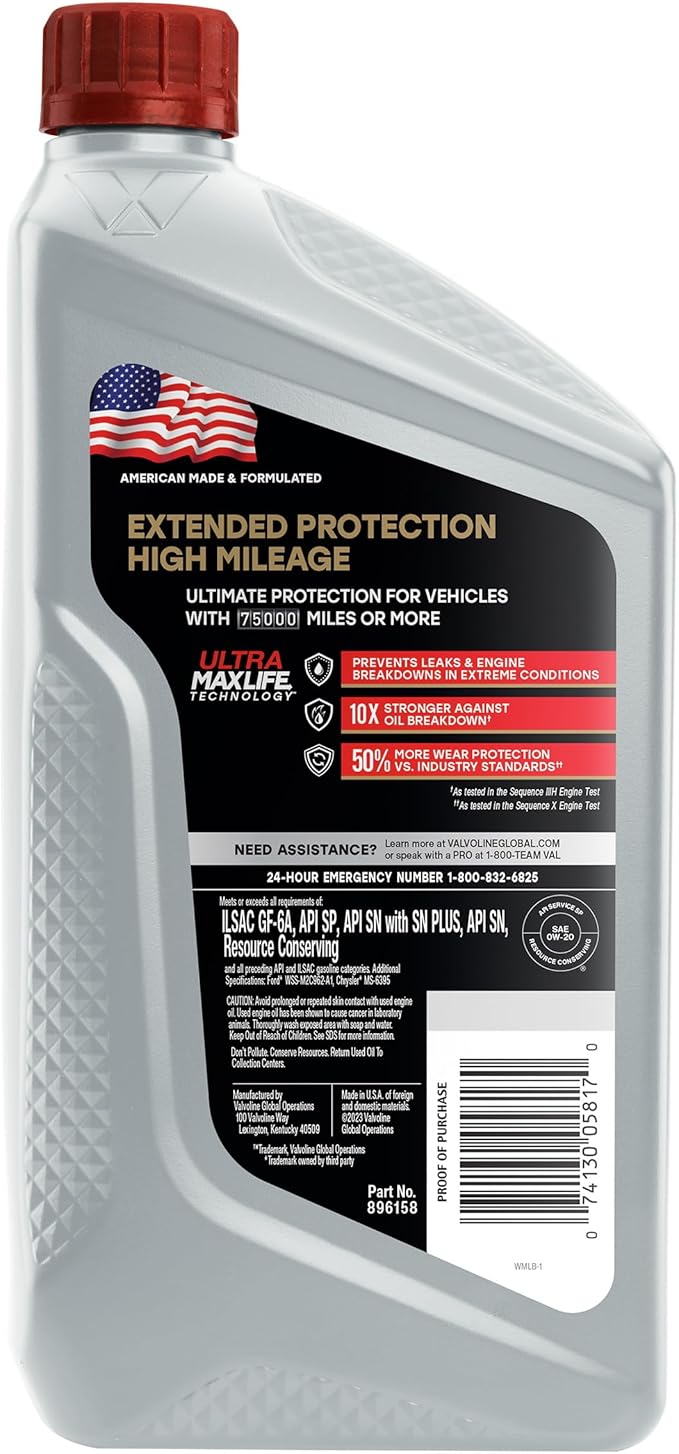 Valvoline Extended Protection High Mileage with Ultra MaxLife Technology 0W-20 Full Synthetic Motor Oil 1 QT, Case of 6