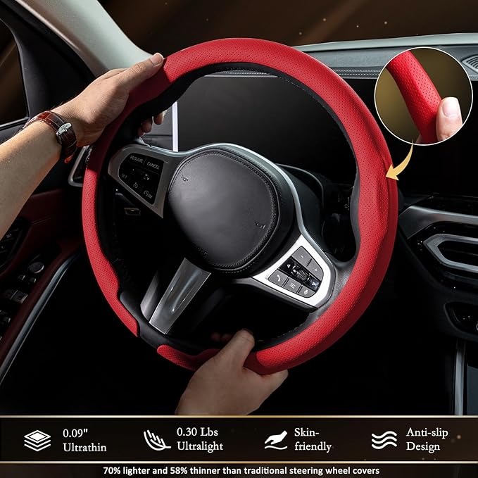 Aimato Nappa Leather Steering Wheel Cover, Ultra-Thin Car Steering Wheel Cover,Comfortable & Breathable Microfiber,Universal Fit for Most Cars, Red