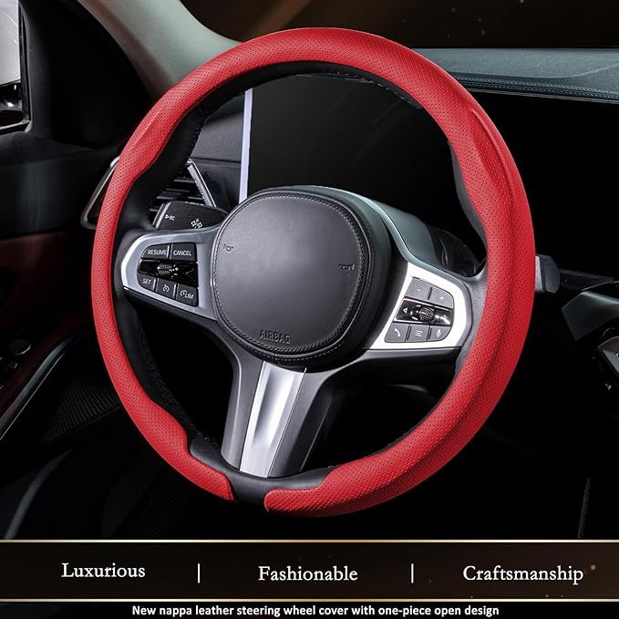 Aimato Nappa Leather Steering Wheel Cover, Ultra-Thin Car Steering Wheel Cover,Comfortable & Breathable Microfiber,Universal Fit for Most Cars, Red