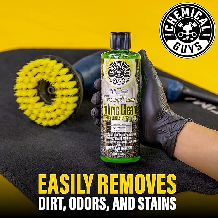 Chemical Guys Foaming Citrus Fabric Clean and Drill Brush Kit - High Foaming Stain and Odor Remover for Car Carpets, Upholstery, and Floor Mats, Deep Cleans and Deodorizes, Citrus Scent - 16 oz