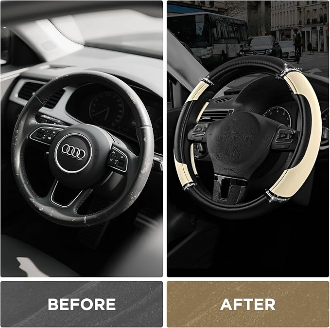 Road Comforts Leather Steering Wheel Cover - Made with PVC Leather - Anti-Slip, Universal Fit 14 1/2 inches to 15 inches - Milky White