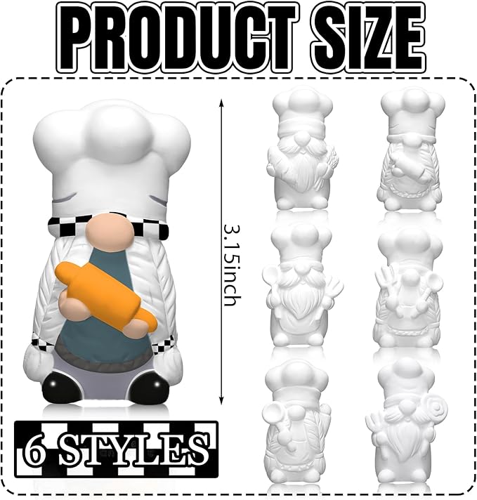 Eersida 6 Sets Christmas Chef Ceramics to Paint Black and White Chef Gnome Ready to Paint Your Own Ceramic Xmas Statue DIY Unpainted Ceramic Paintable Christmas Figurines Kit Crafts with Brush Palette
