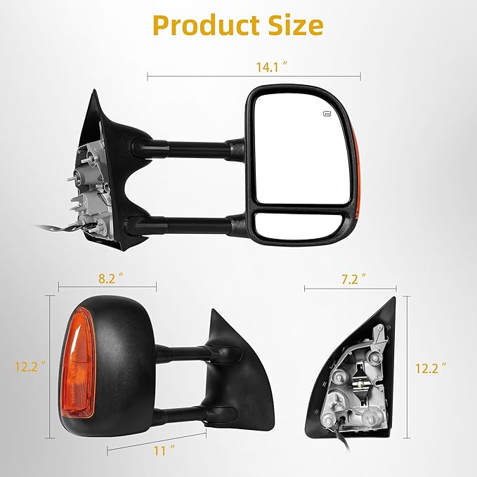 DWVO Towing Mirror Compatible with 1999-2007 F250 F350 F450 F550 Super Duty, 2001-2005 Excursion, Tow Mirror with Power Control Heated Manually Folding Telescoping Black