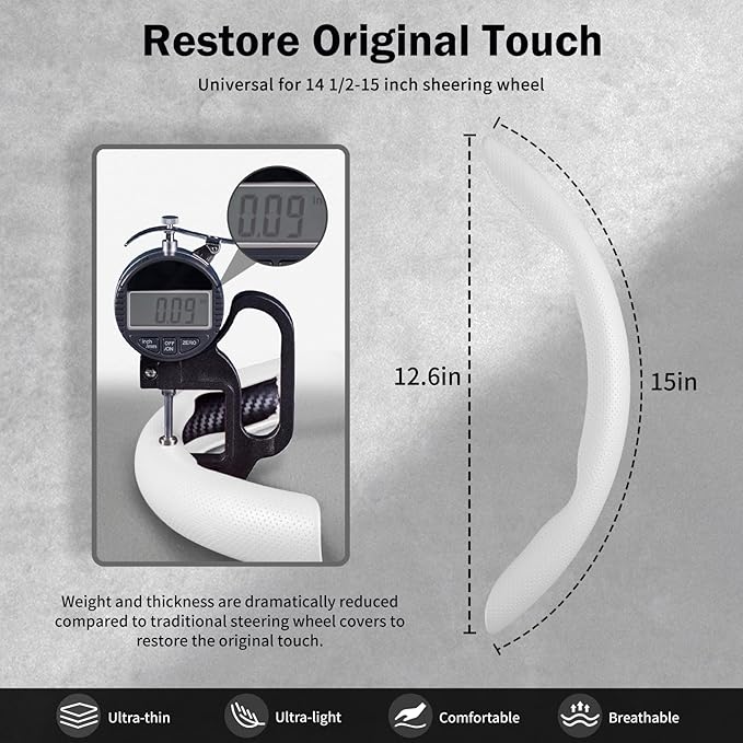 Nappa Leather Car Steering Wheel Cover for Men Women, Ultra-Thin Non-Slip Breathable Microfibre, Universal for 14.5"-15" Steering Wheel - White