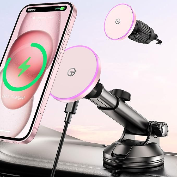for MagSafe Car Mount Charger Dash/Windshield/Vent Wireless Car Charger with [LED Light], Magnetic Phone Holder for Car for iPhone 17 16 15 14 13 12 Series, Fit MagSafe Accessories (Pink)
