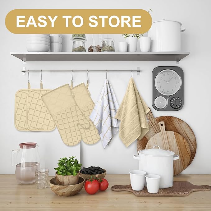 Oven Mitts Pot Holders Sets/Kitchen Towels and Dishcloths, Oven Gloves Kitchen Dish Towels 500 Degree Heat Resistant Potholders with Non-Slip Silicone Surface for Cooking, Grilling, Baking-Beige