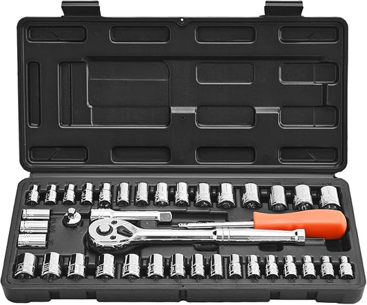 VEVOR Socket Set, 39 Pieces, 3/8 & 1/4 inch Drive Socket and Ratchet Set, SAE and Metric Size, Mechanic Tool Kit with Ratchet Wrench, Accessories, Storage Case, CR-V Alloy Steel, for Automotive Repair