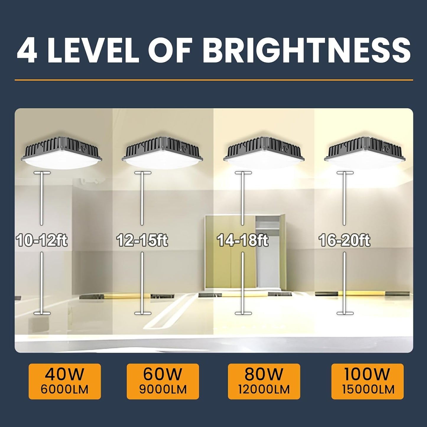 LED Canopy Light 100W, 40/60/80/100W Selectable, 5000K 15000Lumens Commercial Canopy LED Lights Outdoor, Gas Station Carport Light for Garage Shop Warehouse, IP65, DIM, 100-277VAC, ETL Listed