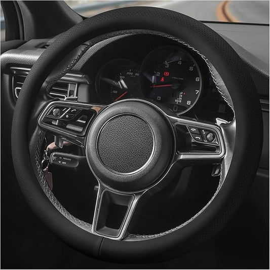 Genuine Leather Steering Wheel Cover for Men Women with Upgraded Silicone Inner Ring, Thin, Non-Slip, Breathable, Odorless, Universal 14.5-15 Inch (Pure Black, Genuine Leather)