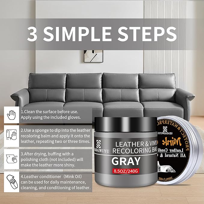 8.5oz Leather Recoloring Balm with 100ml Mink Oil,Gray Leather Repair kit for Furniture and Car Interior,Leather Couch Scratch Repair,Leather Dye Paint,Mink Oil for Leather