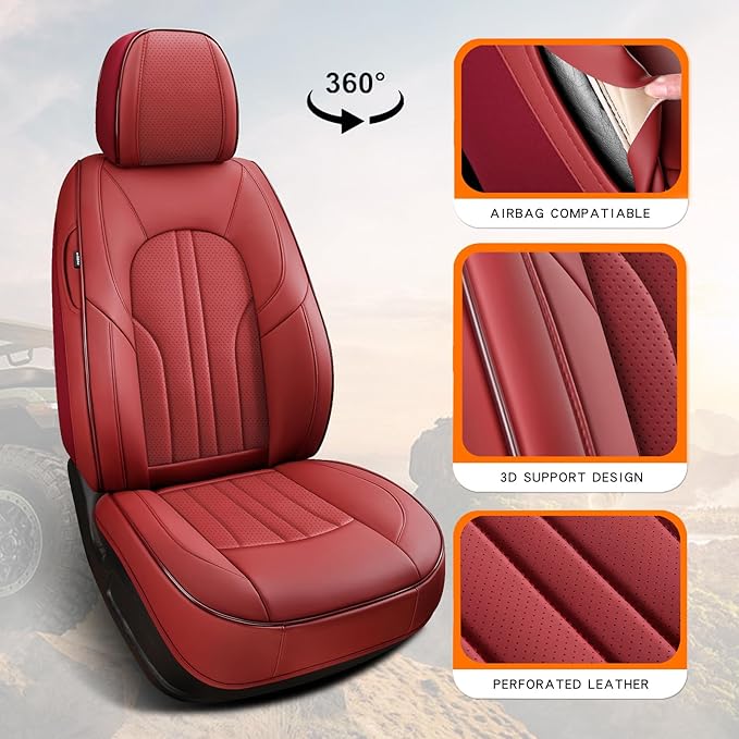 Red Car Seat Covers,Leather Car Seat Cover, Waterproof Seat Covers Full Set, Fit RAV4 Accord Altima Rogue CX5 CRV Wine Red