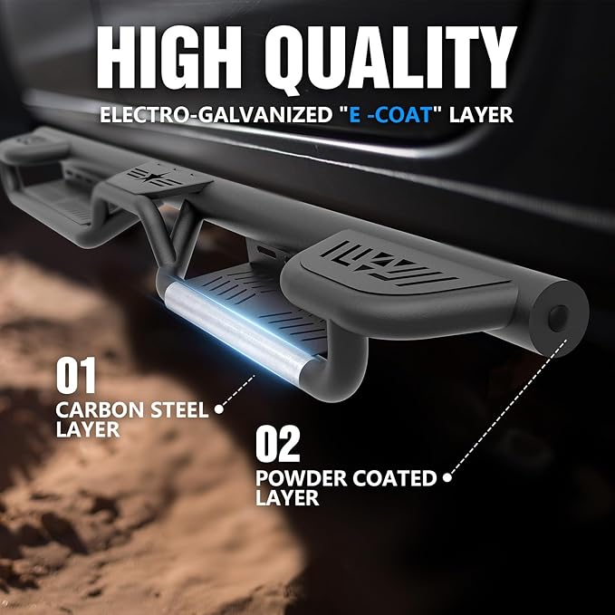 Double Cab Three Raised Steps Quad Cab Running Boards Compatible with 2019-2025 Dodge Ram 1500 New Body Double/Extended Cab Side Steps, Bolt-on Nerf Bar, Heavy-Duty Steel Two Stairs Design