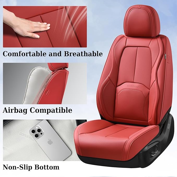 Coverado Car Seat Covers Full Set, Premium Nappa Leather Seat Covers for Car, Waterproof Car Seat Protector with Lumbar Support, Automotive Seat Covers Universal Fit for Most Cars SUV Truck, (Red)