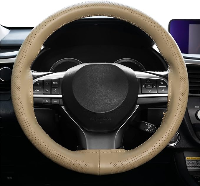 AUTOXBERT 38cm/15 Inch Genuine Leather DIY Steering Wheel Cover Soft Hand Sewing On Wrap Cover with Needles Thread fit for VW Ford Nissan Kia Vauxhall