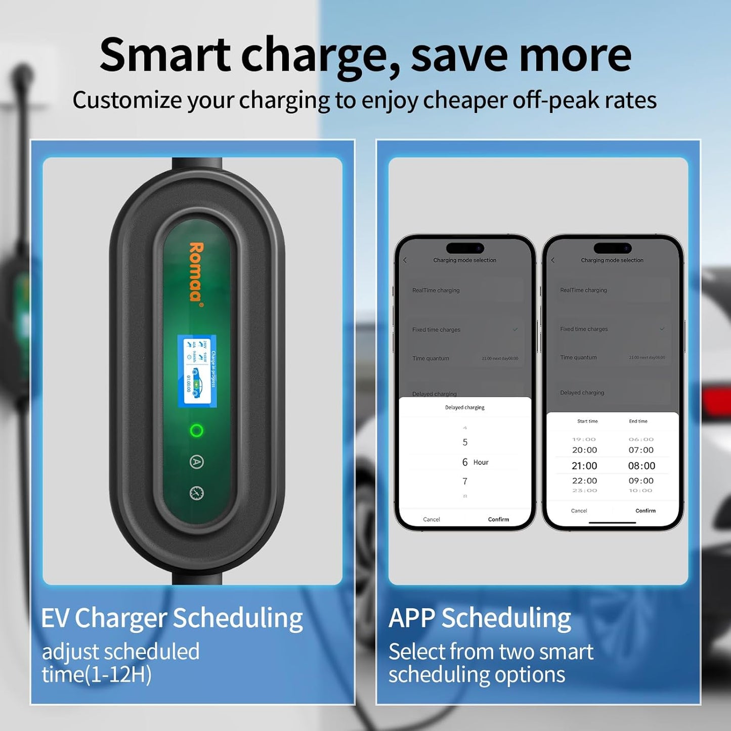 Romaa Level 2 EV Charger Portable Level 2 with 40A, 240V, NEMA 14-50, 25ft Cable, J1772 Charger, Adjustable Current, Delay Timer, EV Chargers for Home Level 2, App Control, FCC & ETL Certified