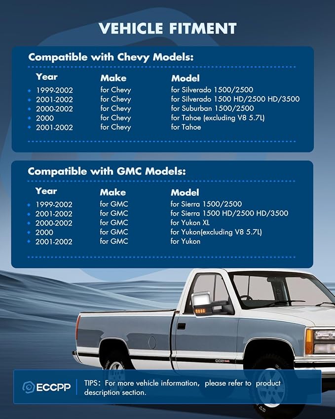 ECCPP Towing Mirrors Tow Mirrors With 1999-2002 For Chevrolet Silverado For GMC Sierra 1500 HD/2500 HD/3500 Power Adjusted Heated Led Turn Signal Width Light Chrome Pickup