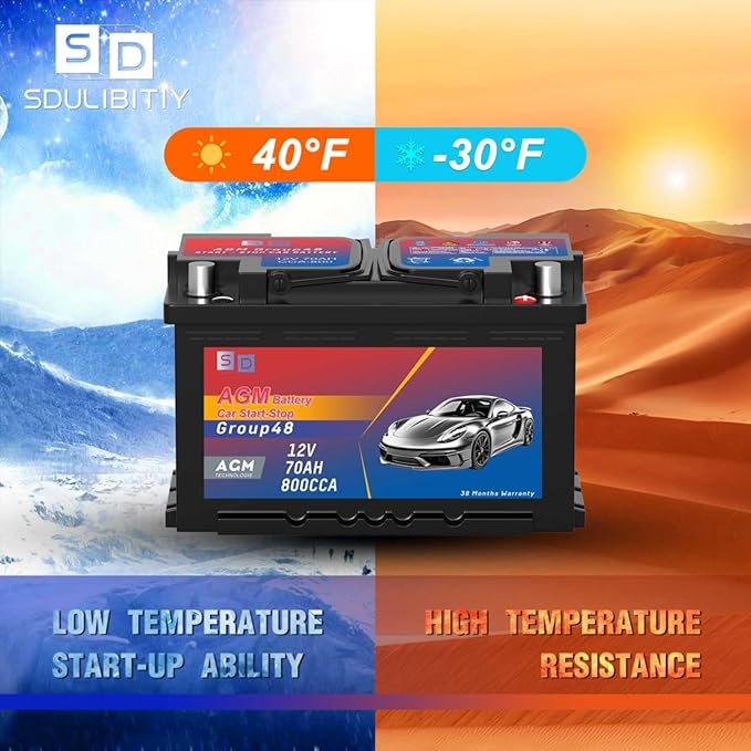 Group 48 AGM Start-Stop Car Battery, 12v 70AH 800 CCA Maintenance Free Automotive Replacement Batteries, 38 Month Warranty