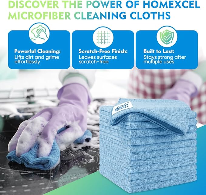 HOMEXCEL Blue Microfiber Cleaning Cloth 12 Pack, 12.5 x 12.5 inch Microfiber Towels for Cars, Ultra Absorbent Car Washing Cloth, Lint Free Streak Free Cleaning Rags for Car, Kitchen, and Window