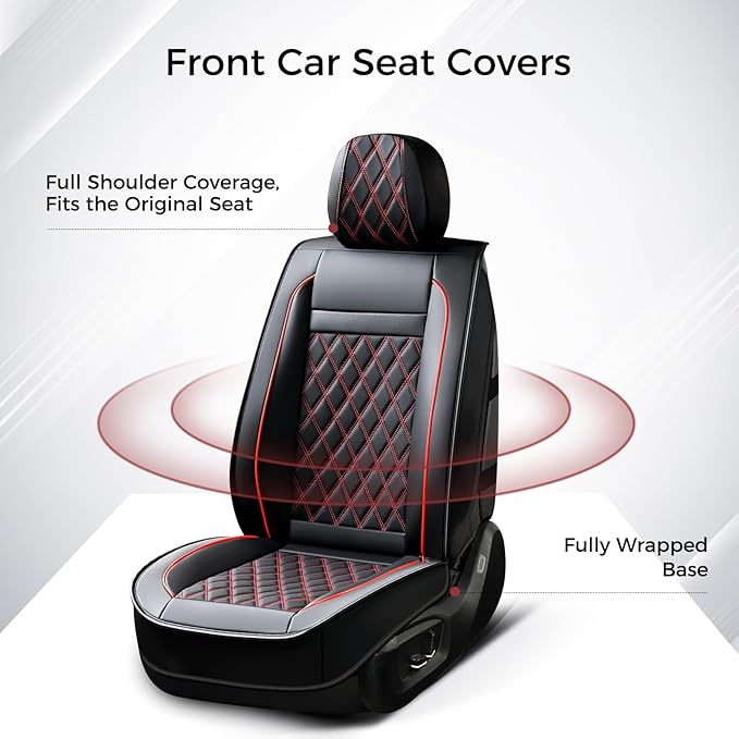 Huidasource Car Seat Covers for Front Seat, Car Seat Cushion Waterproof, Full-Cover Faux Leather Car Seat Cover Protector Universal Fit for Most Cars,Vans,Trucks, SUVs (Front Pair/Black&Red)