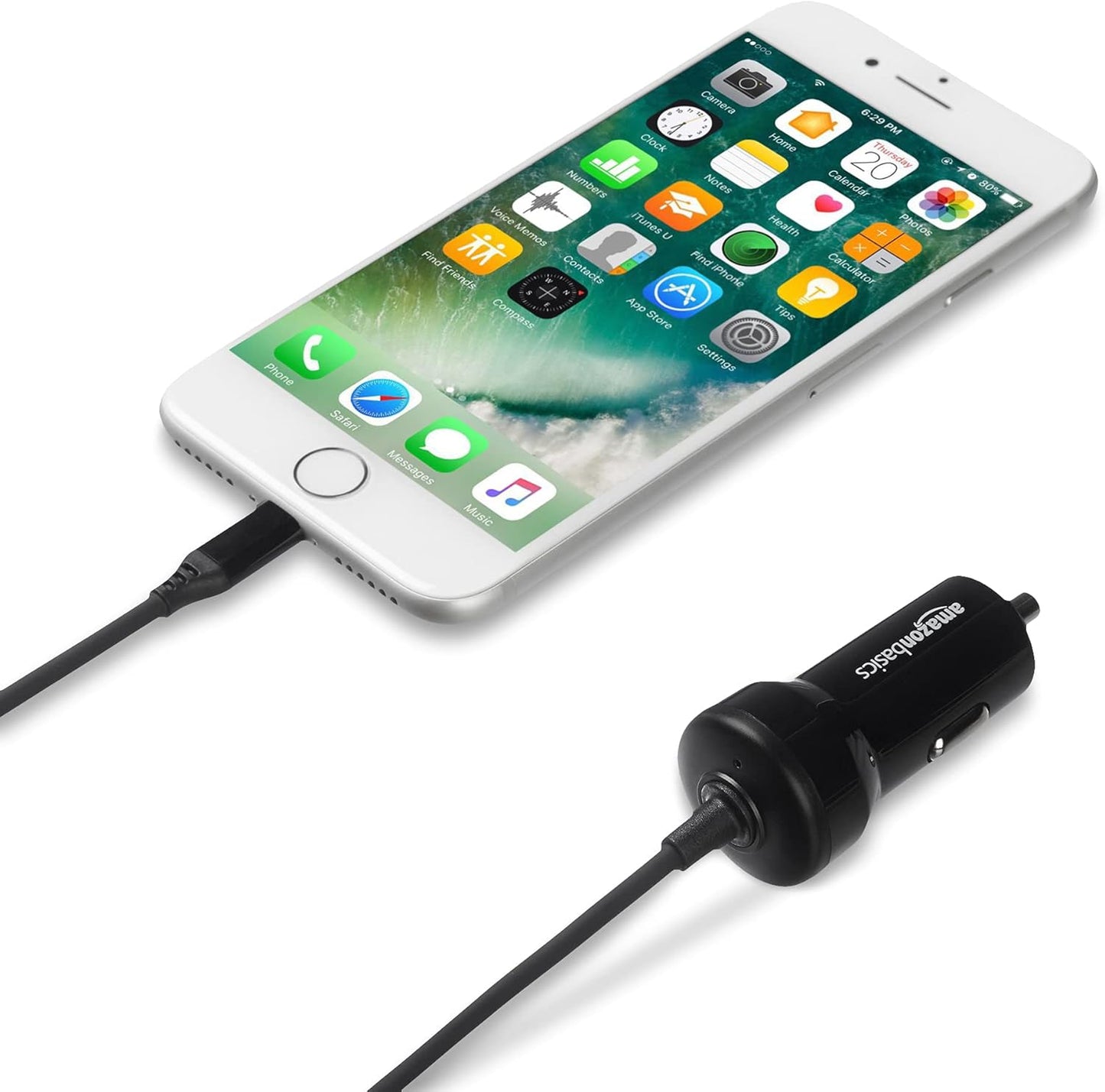 Amazon Basics 12W (5V, 2.4A) Fast Charging Car Charger with Coiled Lightning Cable for iPhone, iPad and Apple Devices, 1.5 ft - Black