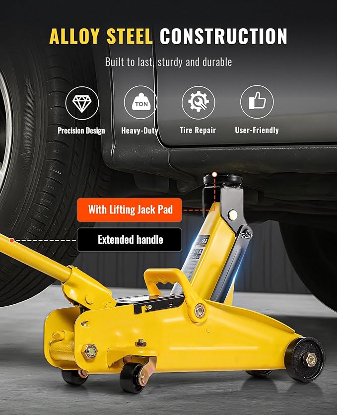 2 Ton (4000 lbs) Low Profile Hydraulic Trolley Floor Jack Kits with Solid Storage Case and Rubber Pad, Portable Car Floor Jack with Lifting Range 4.9"-11.8", for Auto, Yellow