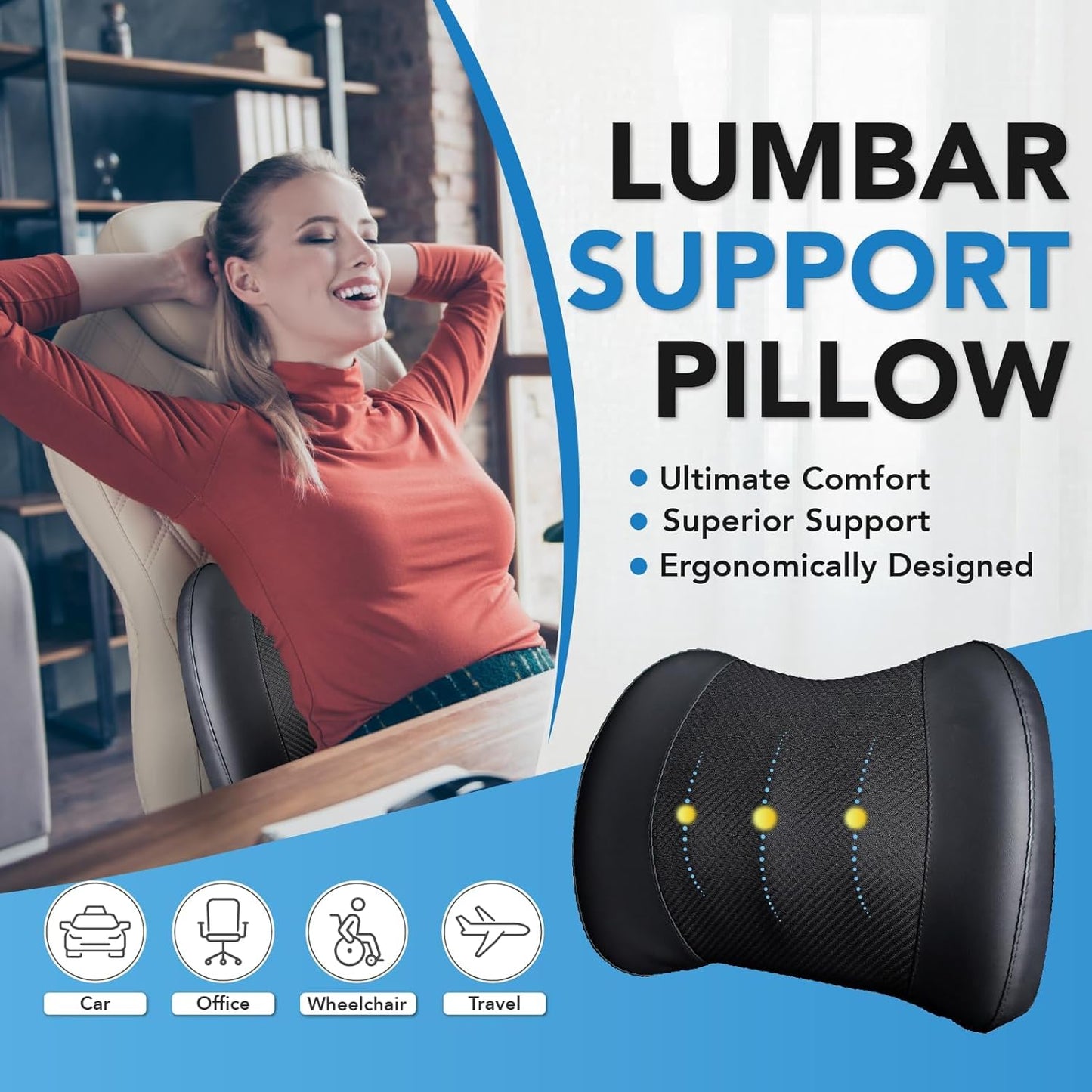 Lumbar Support Pillow for Car, Memory Foam Lumbar Pillow for Lower Back Pain Relief - Back Cushion for Driving, Chair Support for Car-Office Chair, Wheelchair - Black